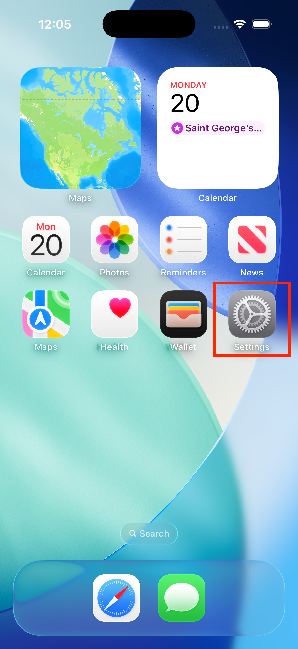 iPhone home screen with the Settings app highlighted.