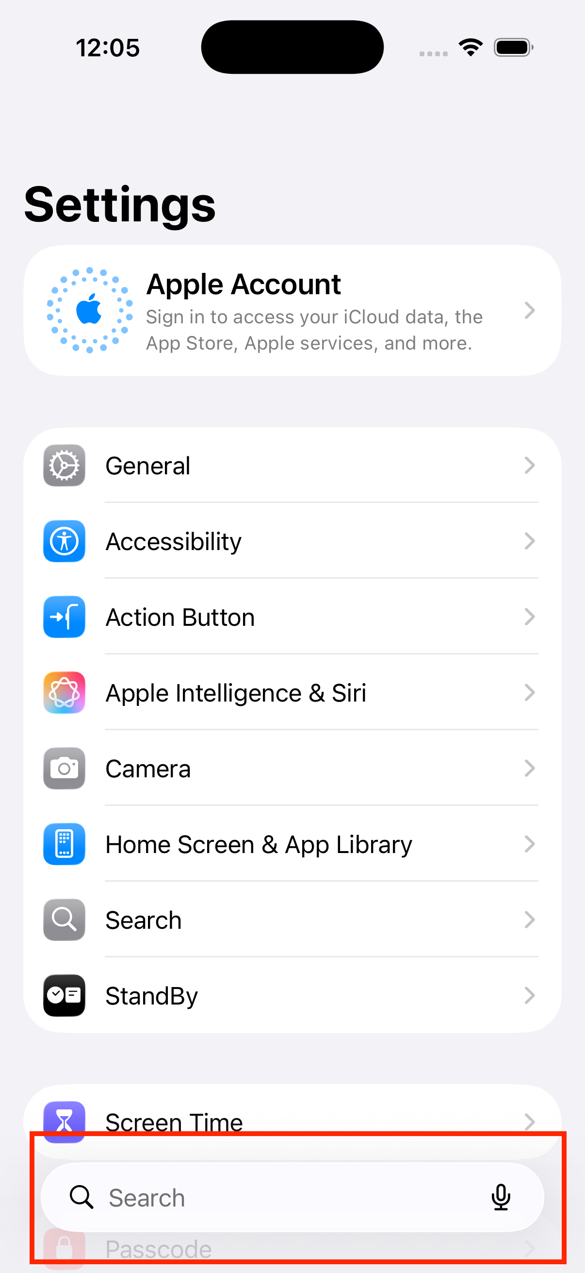 iOS Settings screen with the search bar at the bottom highlighted.