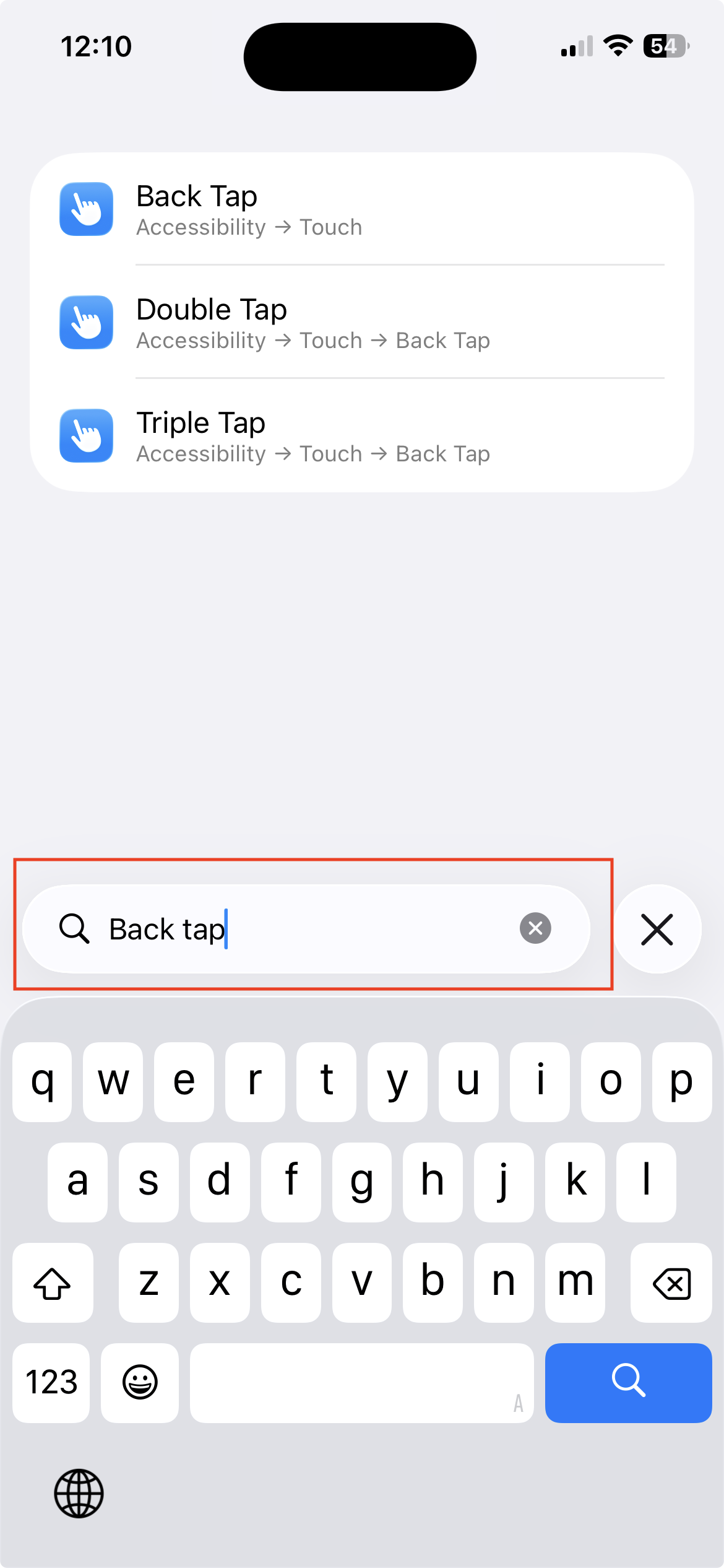 Search results showing Back Tap, Double Tap, and Triple Tap options.