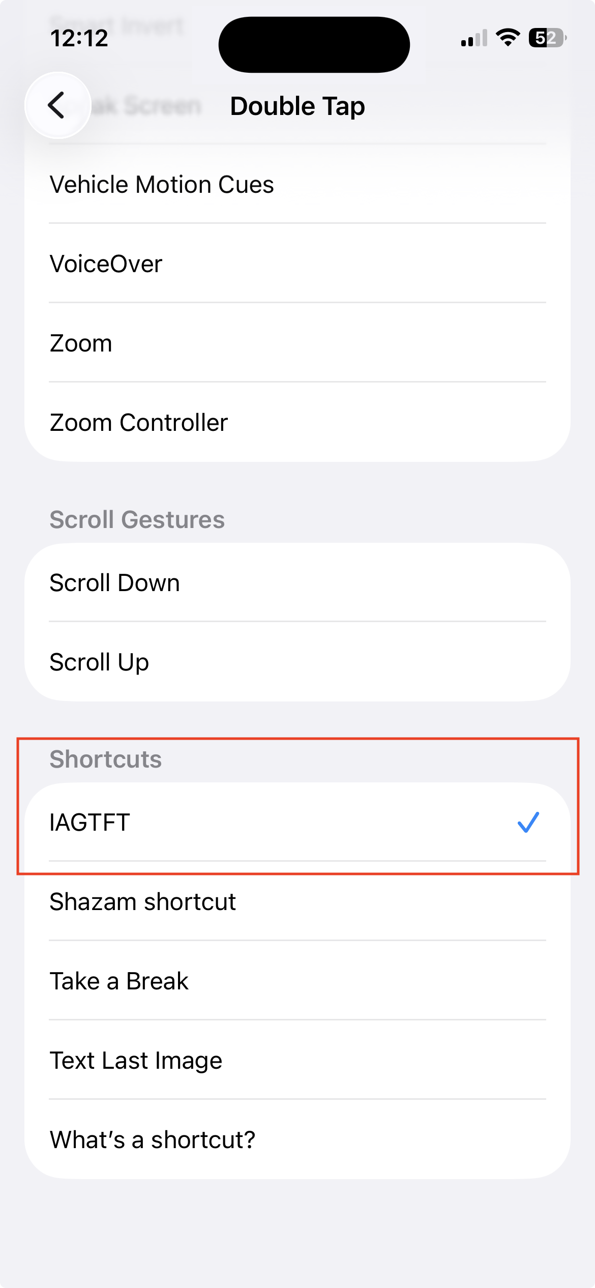 Double Tap settings screen with IAGTFT selected under the Shortcuts heading.